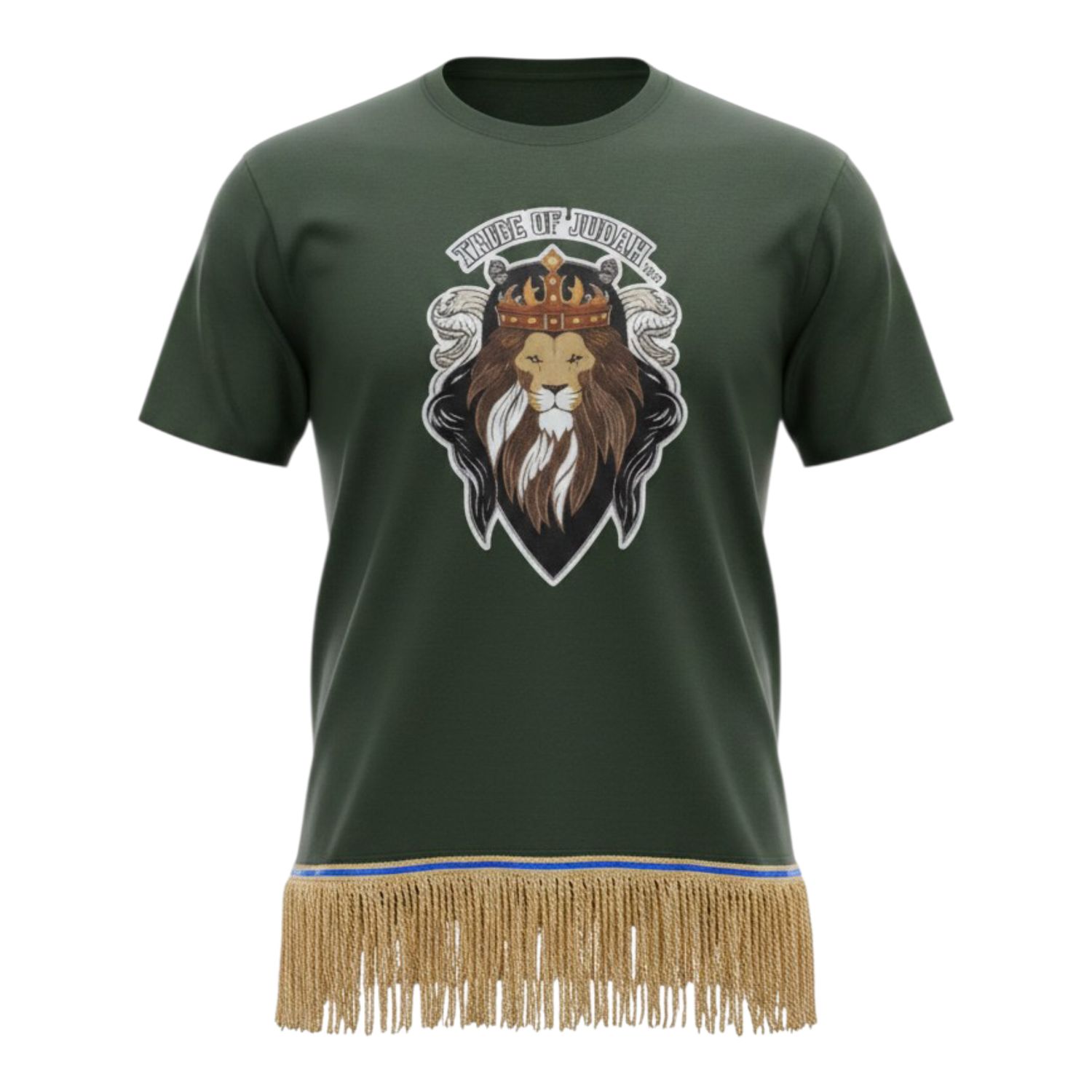 Tribe of Judah Exclusive Stitch Work Patch 12.5 inches Forest Green Tee Gold Fringes