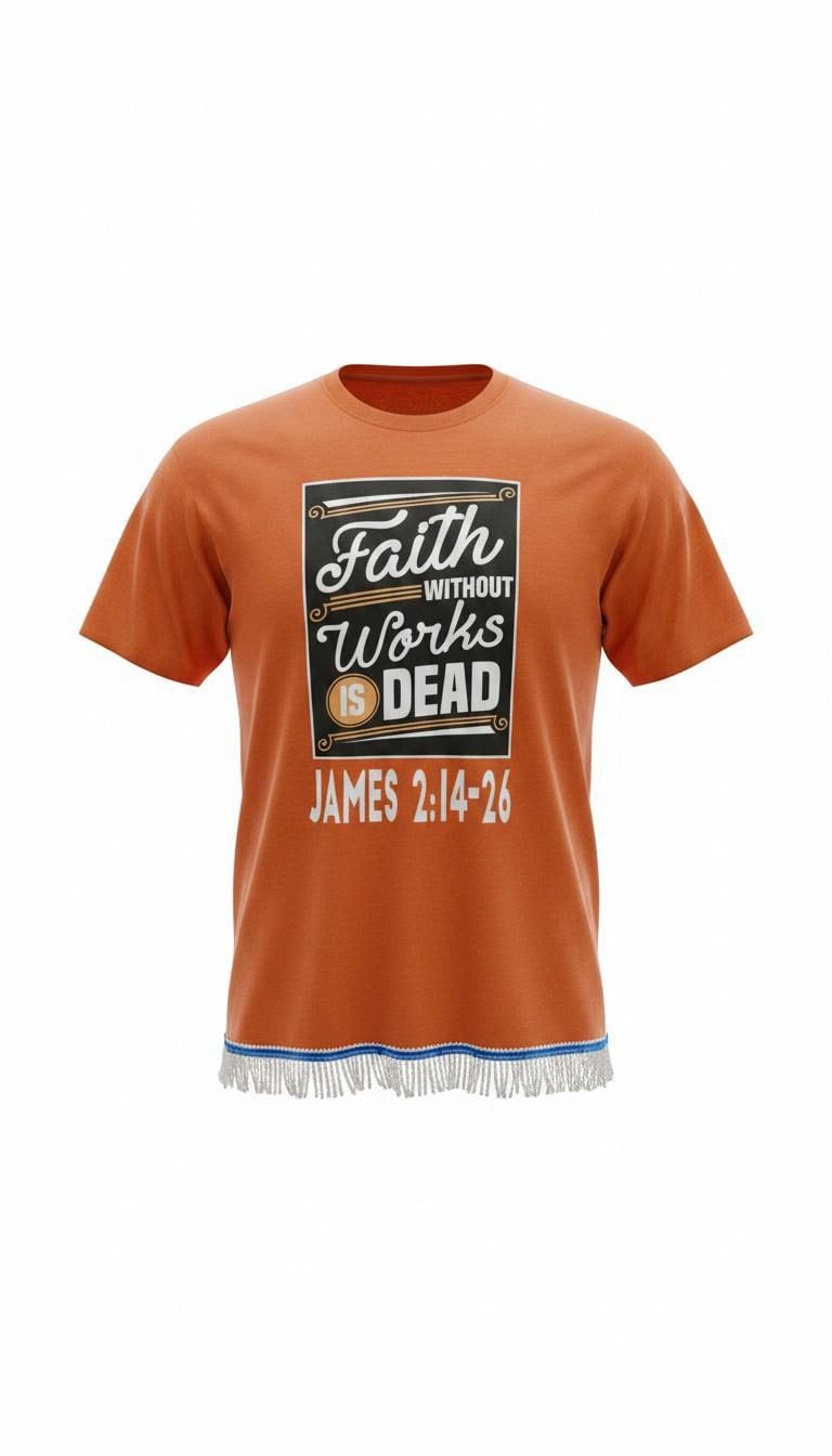 Faith Without Works Is Dead James 2 14-26 Antique Orange Tee White Fringes