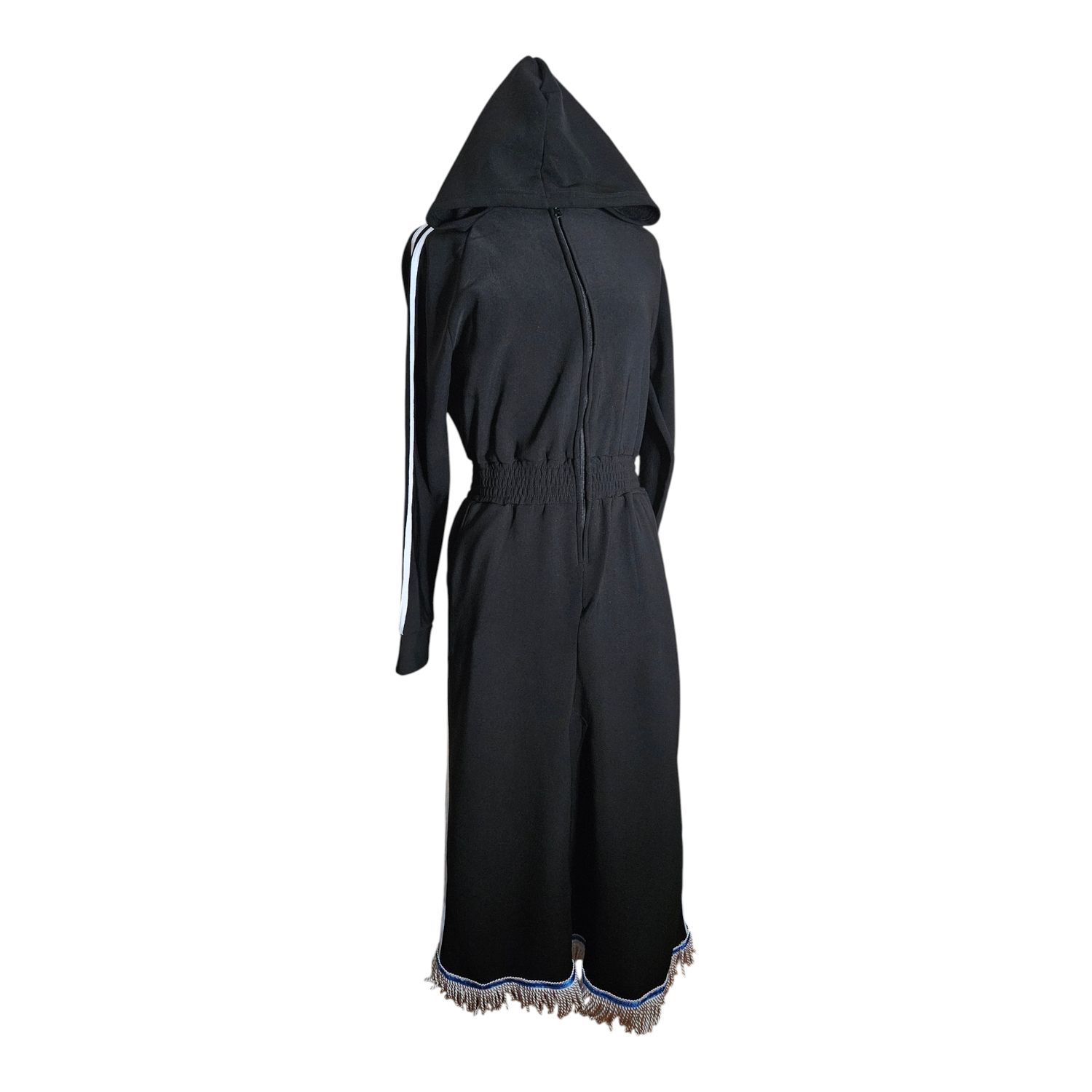 Jumpsuit Hooded Lined Fleece Side Stripes Custom Made Wide-Maxi Skirts Black White Fringes