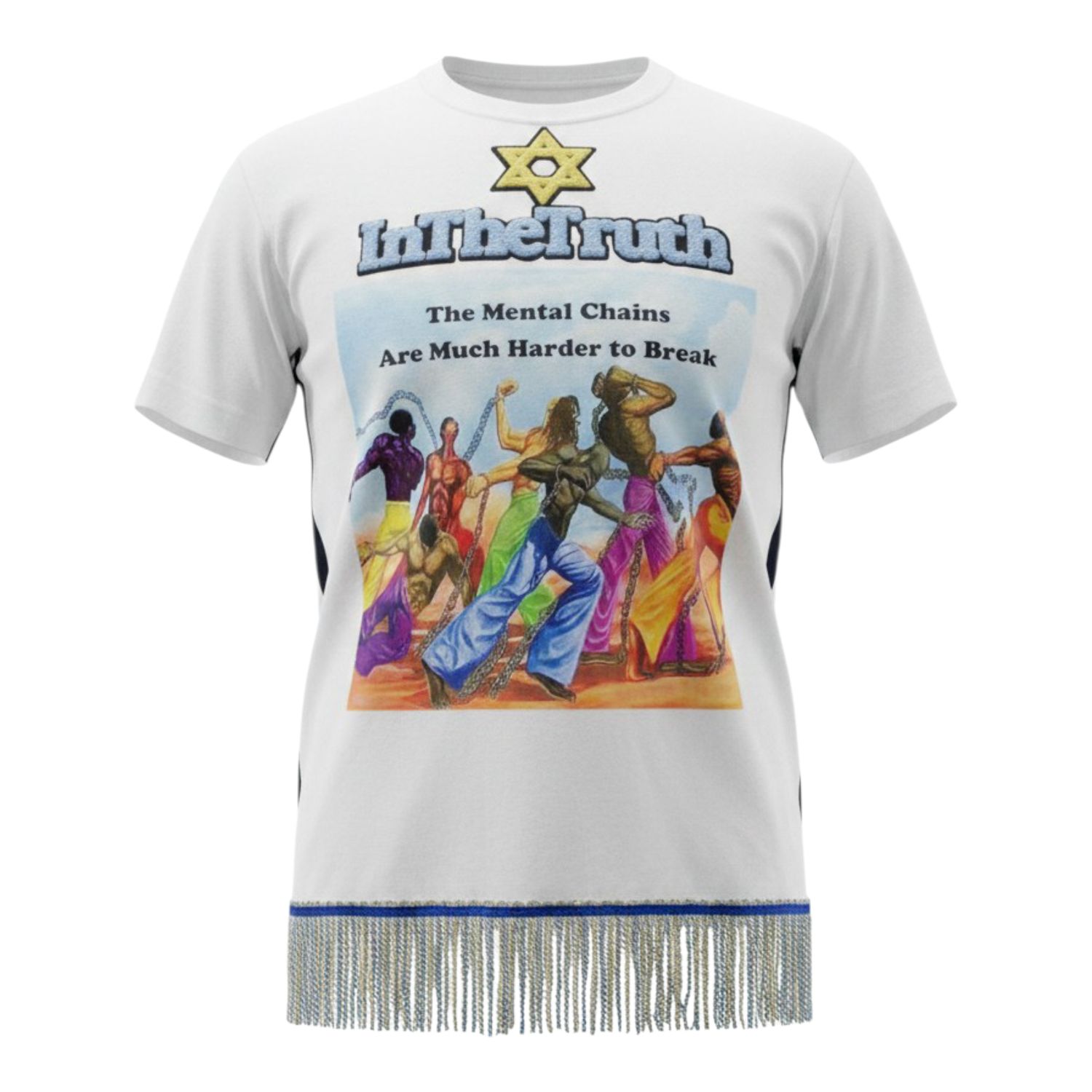 InTheTruth The Mental Chains Are Much Harder To Break White Tee Sky Blue/Gold Fringes