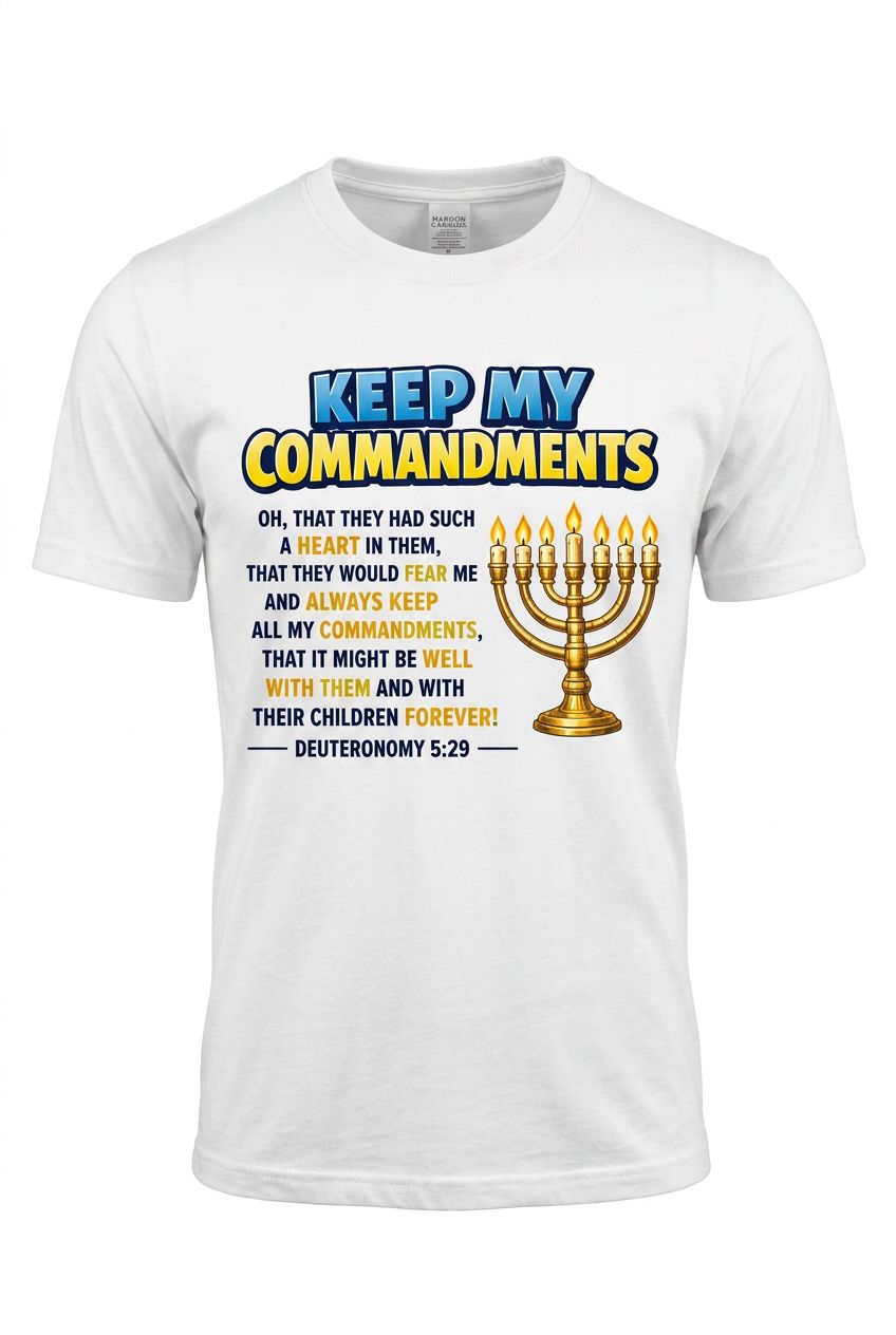 Keep My Commandments Deuteronomy 5:29 100% Cotton White Tee Shirt Gold Fringes
