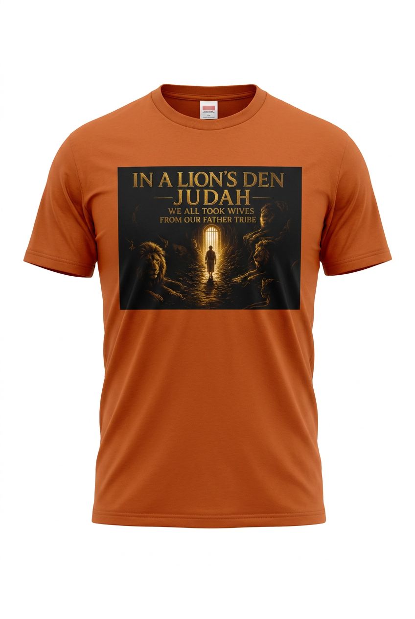 In A Lion's Den Judah We All Took Wives Of Our Father Tribe Tobit 4:12 100% Cotton Orange Tee Shirt Black Fringes