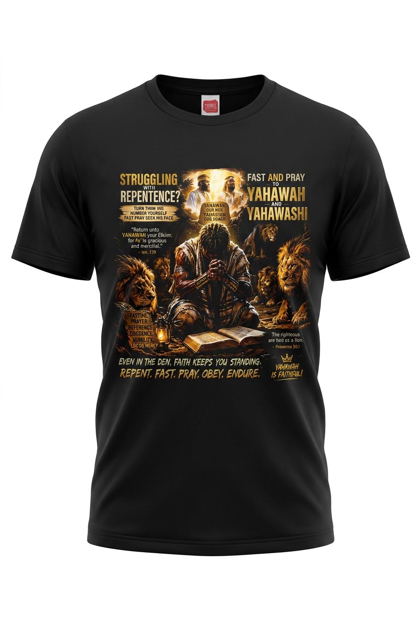 Struggling With Repentance Fast and Pray to Yahawah &amp; Yahawashi Repent Fast Endure 100% Cotton Black Tee Shirt Gold Fringes