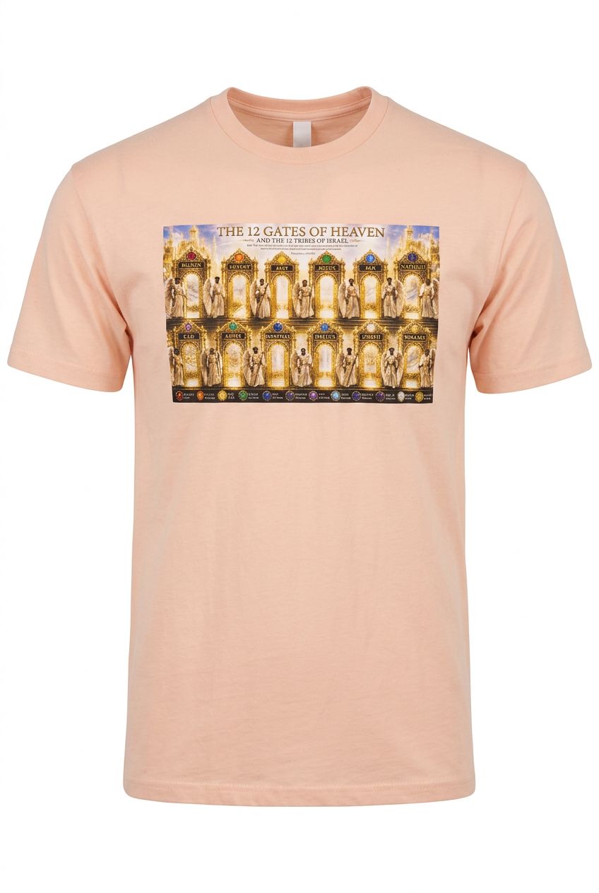 The Twelve Gates of Heaven Tribes of The Children of Israel 100% Cotton Apricot Tee Shirt White Fringes Revelation 21:12