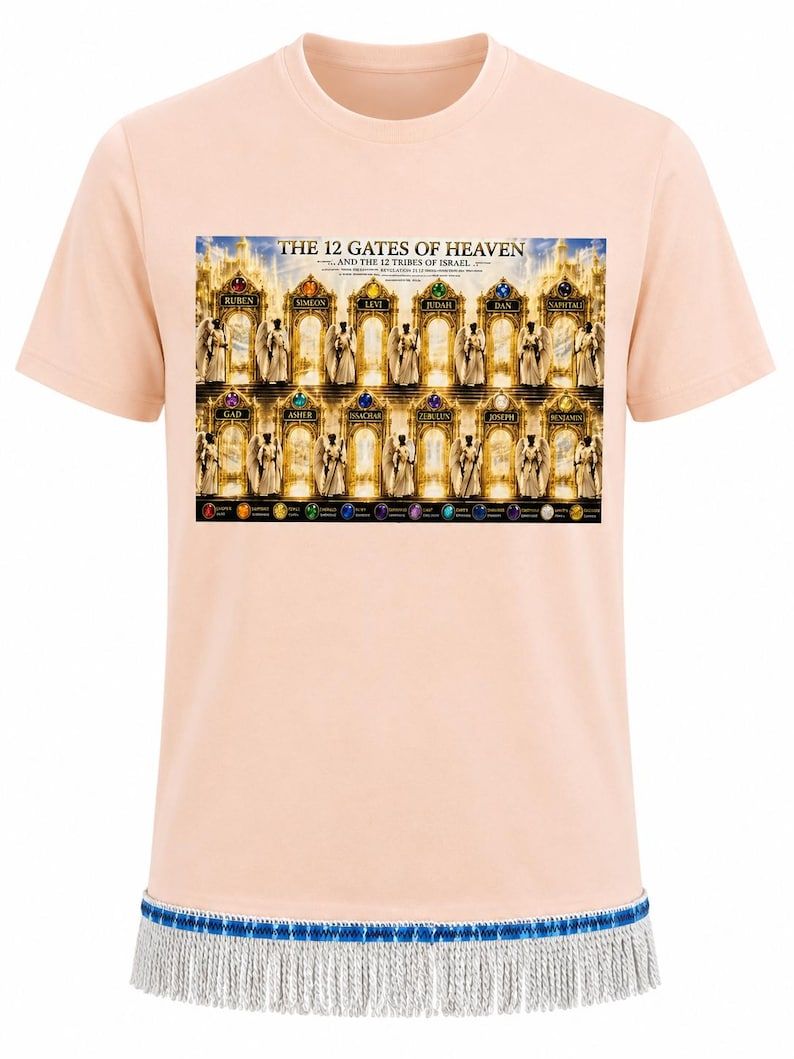 The Twelve Gates of Heaven Tribes of The Children of Israel 100% Cotton Apricot Tee Shirt White Fringes Revelation 21:12
