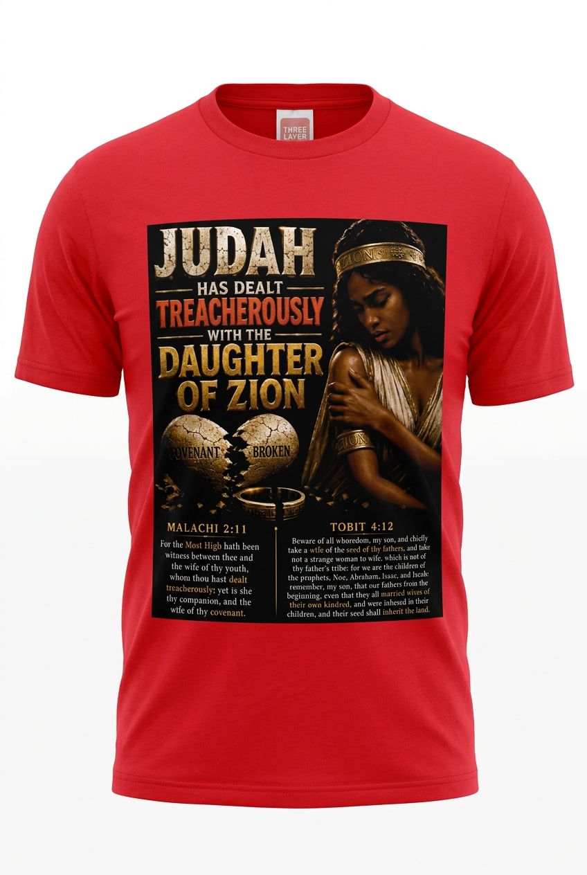 Judah Has Dealt Treacherously with The Daughter of Zion Red Tee White Fringes Tobit 4:12 Malachi 2:11