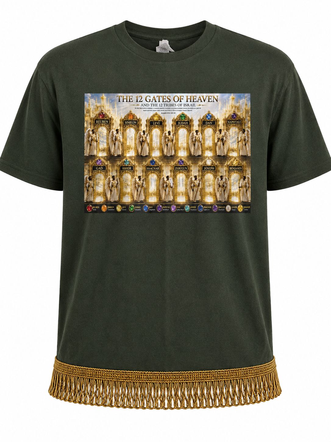 The Twelve  Gates of Heaven Tribes of The Children of Israel 100% Cotton Forest Green Tee Shirt Gold Fringes Revelation 21:12