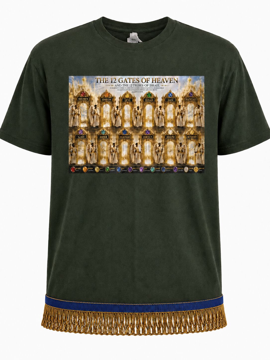 The Twelve Gates of Heaven Tribes of The Children of Israel 100% Cotton Forest Green Tee Shirt White Fringes Revelation 21:12