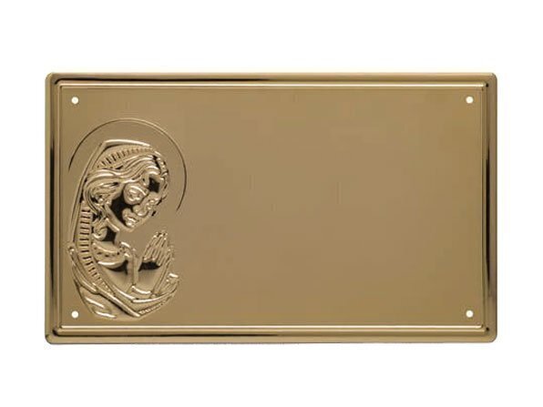Placas planas de alumínio com fundo dourado patinado, borda em ouro polonês e relevo Virgem Maria