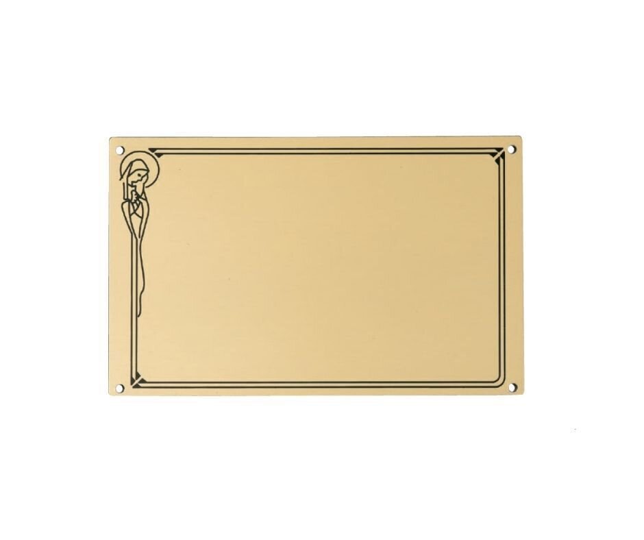 Placa retangular de alumínio plana com fundo dourado e borda preta com Virgem Maria