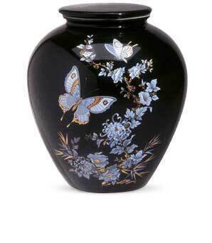 Urna cinerária linha porcelana com desenho de borboleta