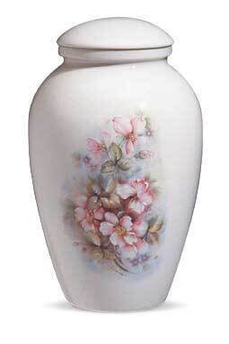 Urna cinerária linha porcelana com desenho floral rosa
