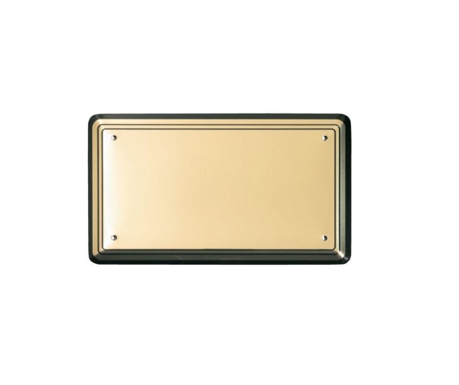 Placa de alumínio retangular convexa com fundo dourado e borda preta