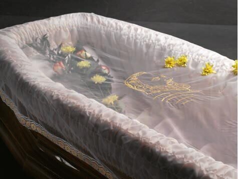 Véu de cobertura de cadáver retangular com renda dourada e bordado Padre Pio dourado