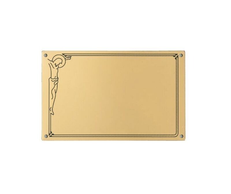 Placa retangular plana de alumínio com fundo dourado e borda preta com Cristo
