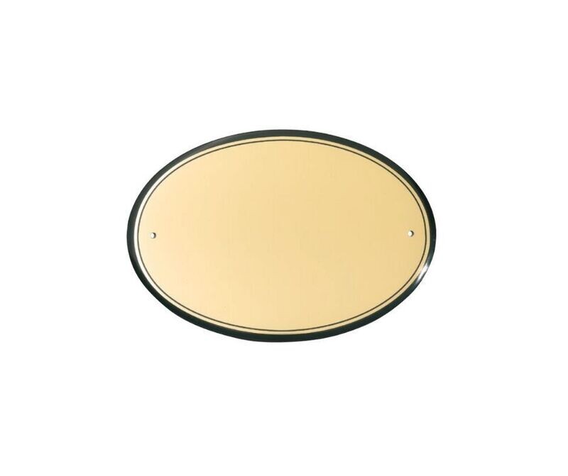 Placa de luminium oval convexa com fundo dourado e borda preta