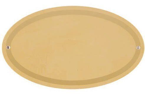 Placa plana de alumínio oval com fundo dourado patinado e borda dourada polida