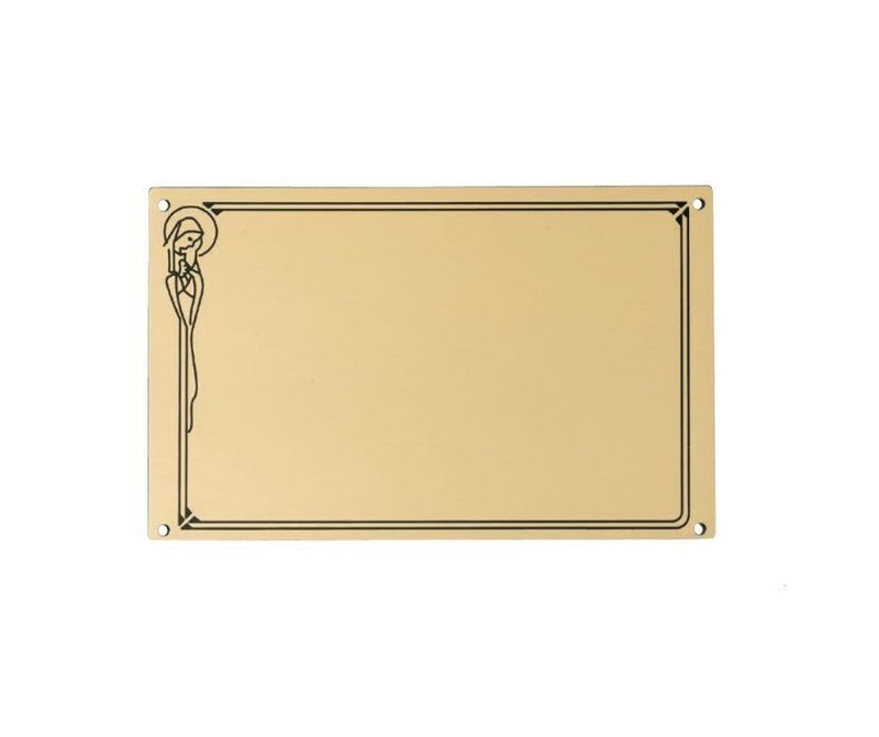 Placa retangular de alumínio plana com fundo dourado e borda preta com Virgem Maria