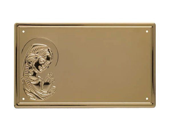 Placas planas de alumínio com fundo dourado patinado, borda em ouro polonês e relevo Virgem Maria