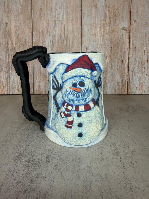 Snowman mug,  Blue wash, Waldo scarf, White  frosting