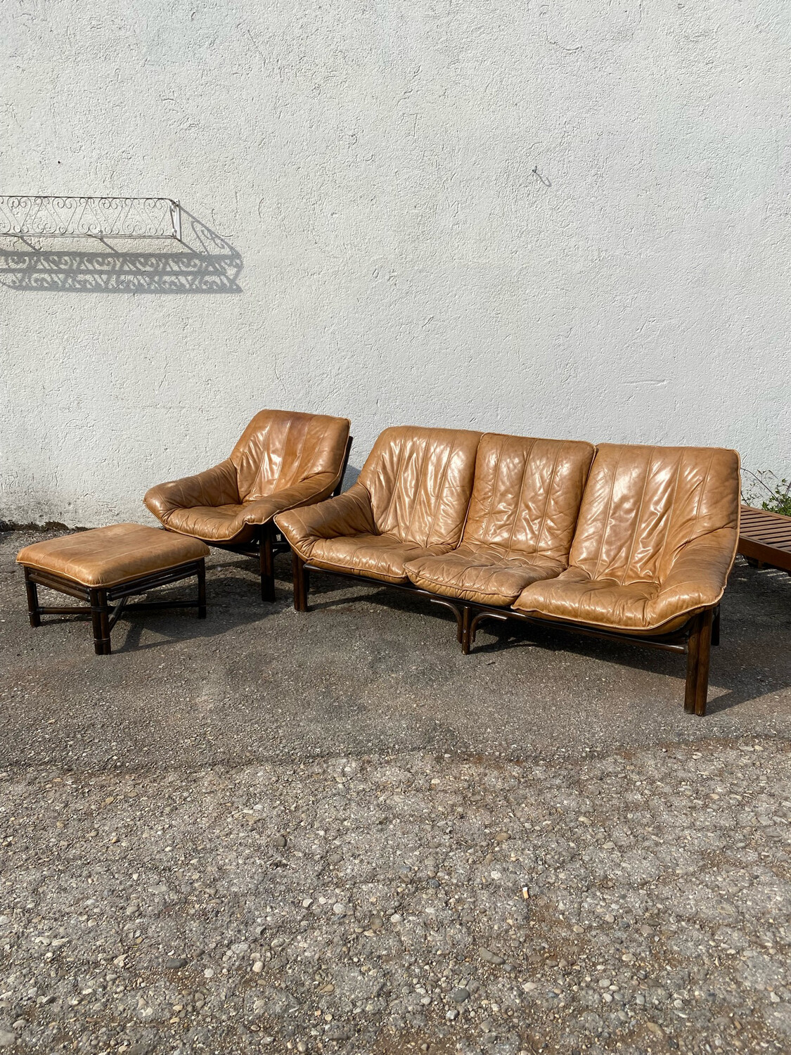Vintage Bamboo Leder Sofa Couch Zweisitzer Dreisitzer Sessel Sitzgruppe