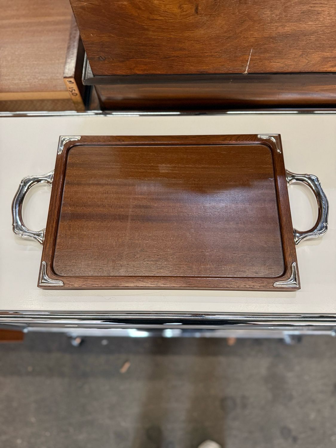 Tablett Serviertablett Teak 925 Silber