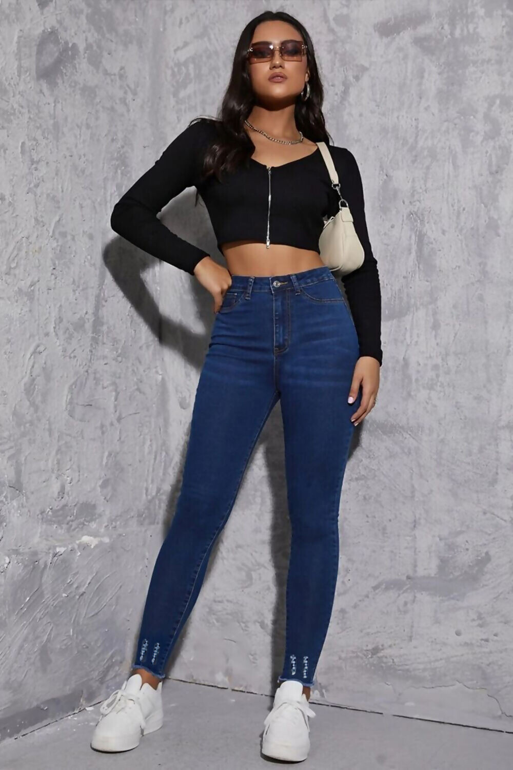 Blue high waist raw cut skinny jeans