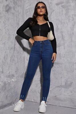 Blue high waist raw cut skinny jeans