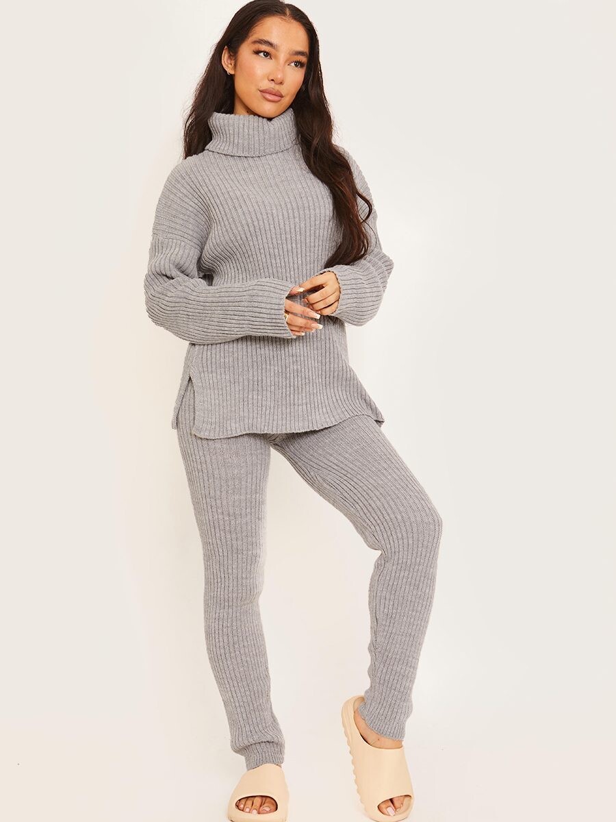 Stretchy Roll Neck Knitted Top &amp; Trouser Co-ord