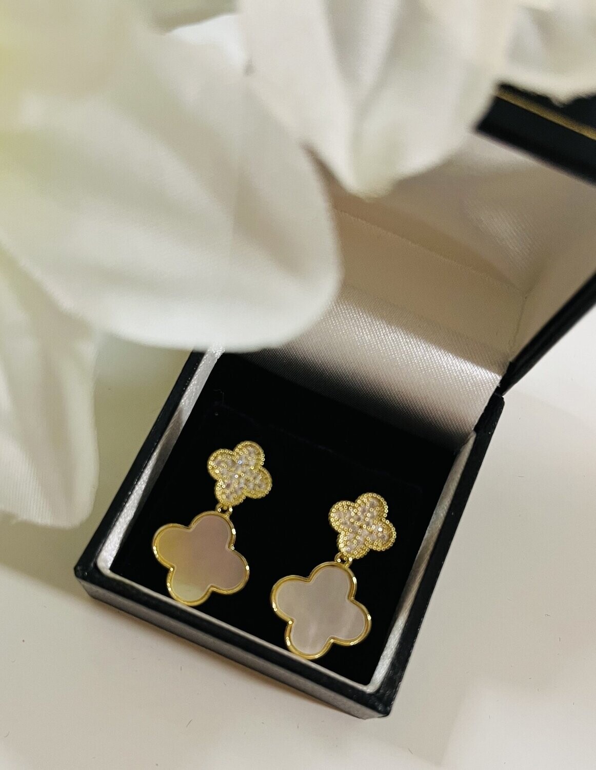 Designer Inspired White Crystal Clover Drop Earrings