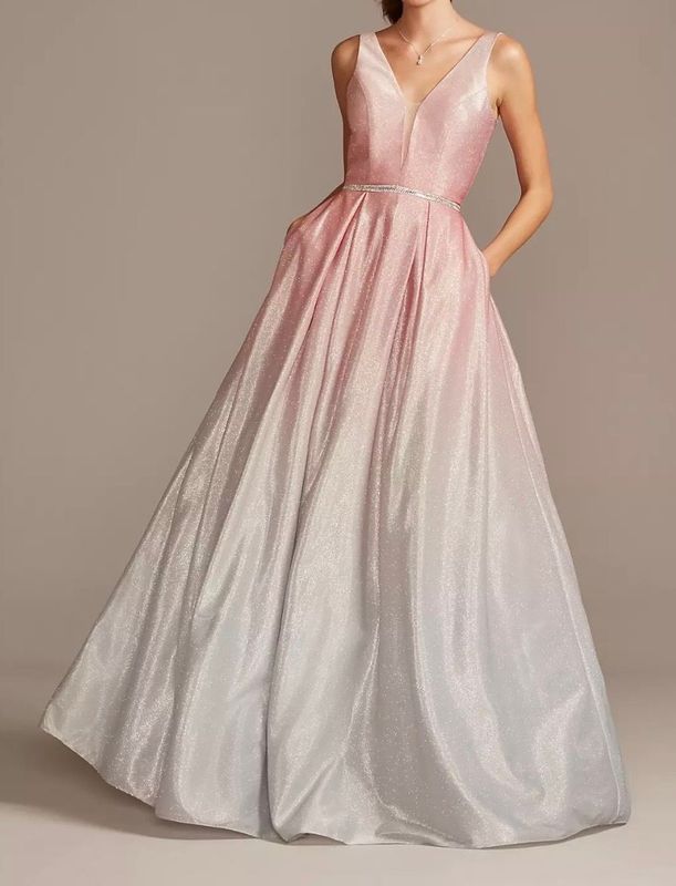 Glitter Ombre Deep V- Gown W/ Crystal Belt