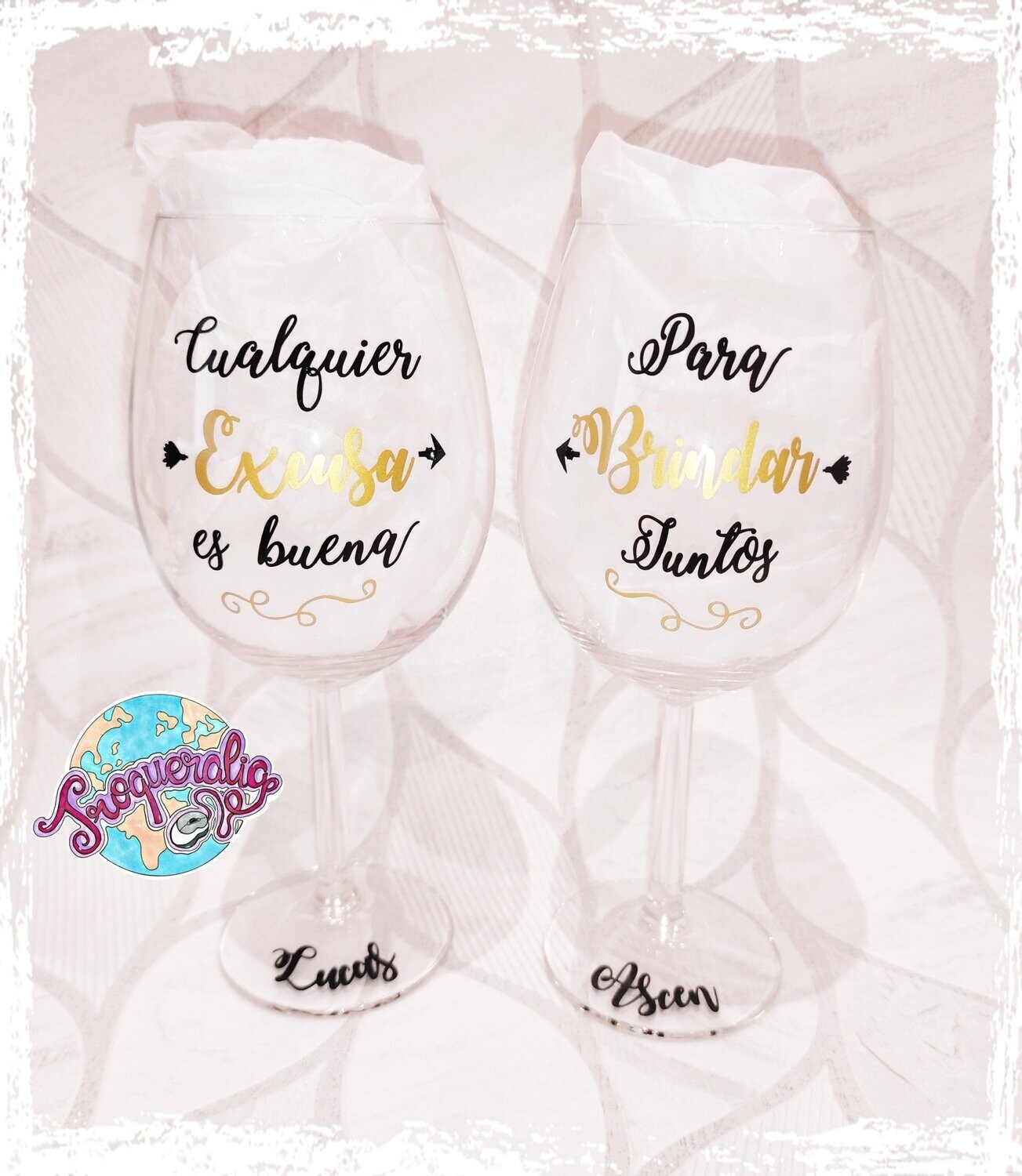 Pack 2 copas de vino personalizadas con nombre – Petitona Baby