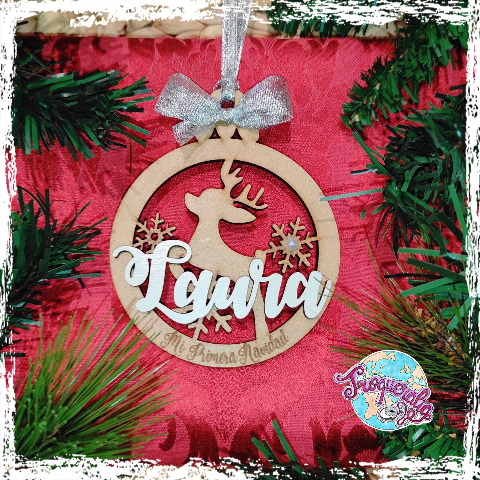 Adorno árbol de navidad Reno con nombre en relieve