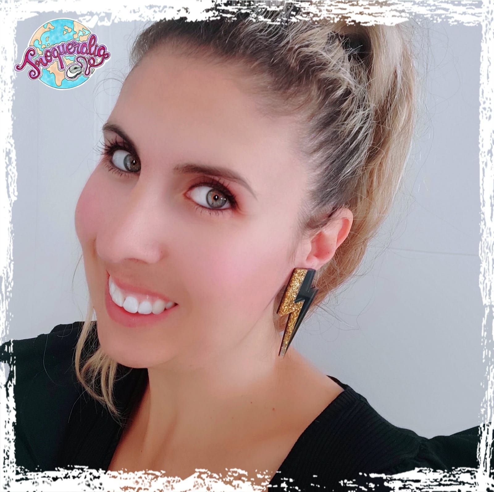 Pendientes rayos dorado purpurina y antracita espejo