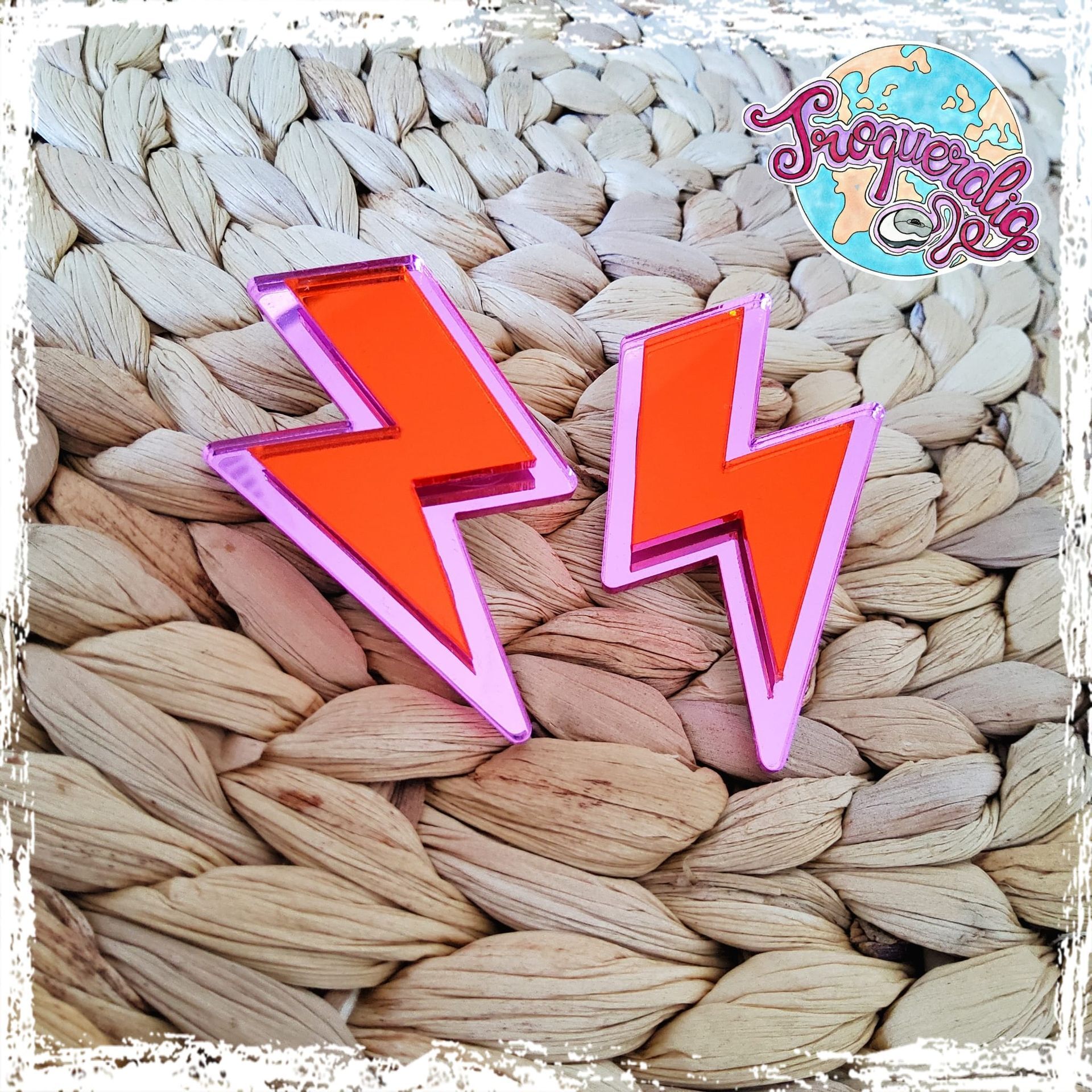 Pendientes rayos rosas y naranja espejo