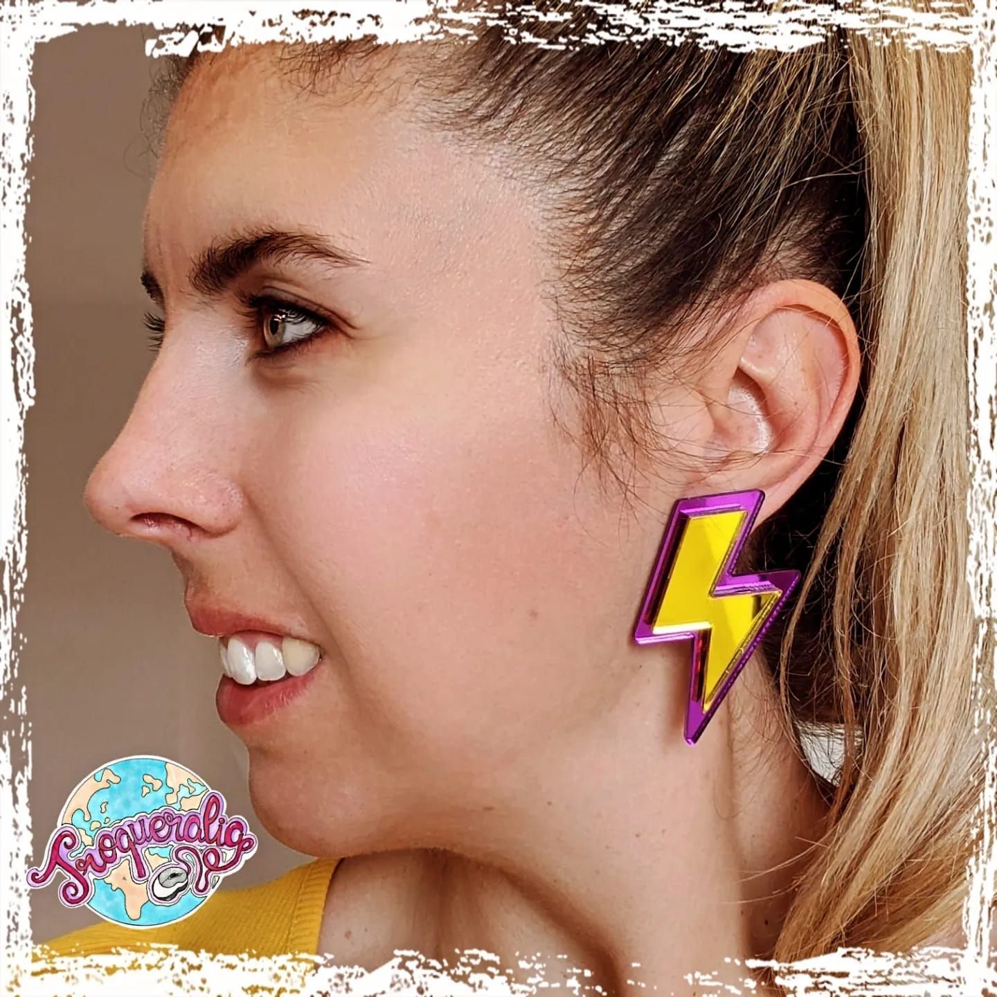 Pendientes rayos morado y amarillo espejo