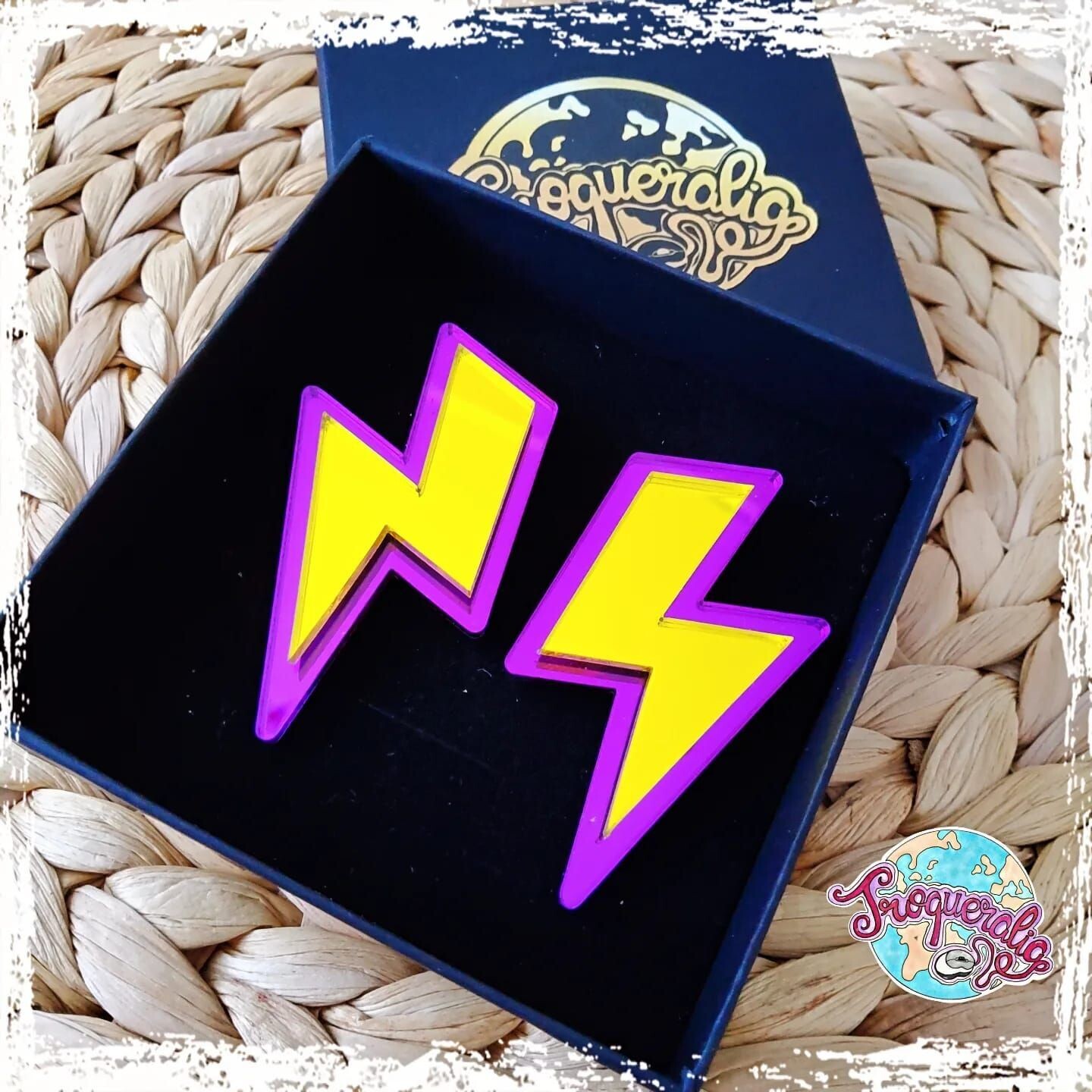 Pendientes rayos morado y amarillo espejo