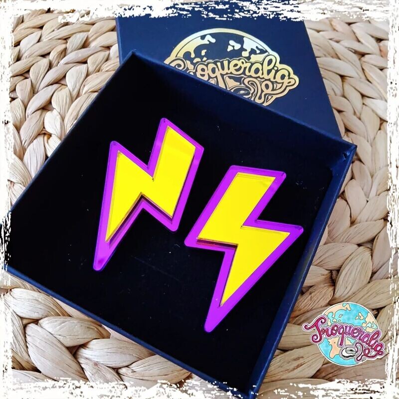 Pendientes rayos morado y amarillo espejo