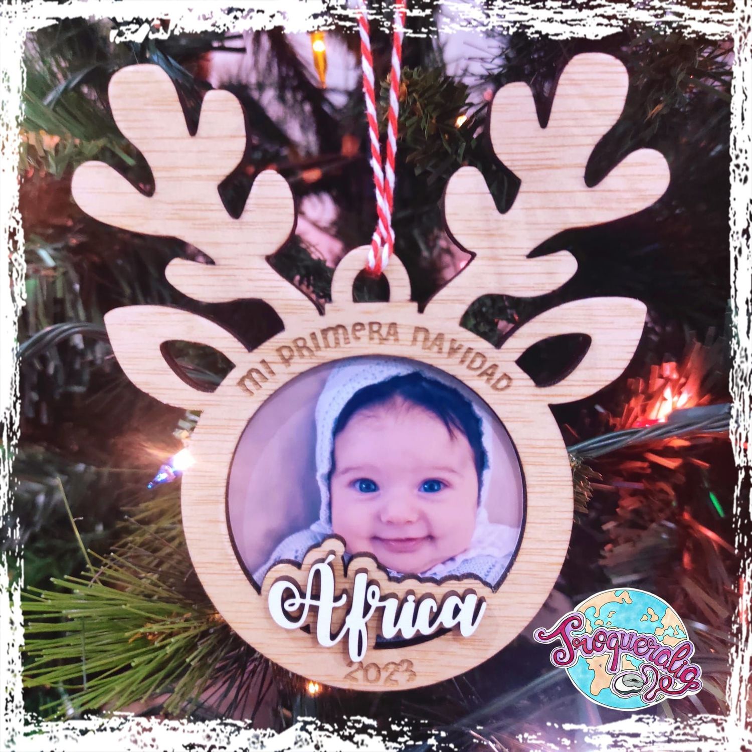 Adorno árbol de navidad Reno con foto y nombre