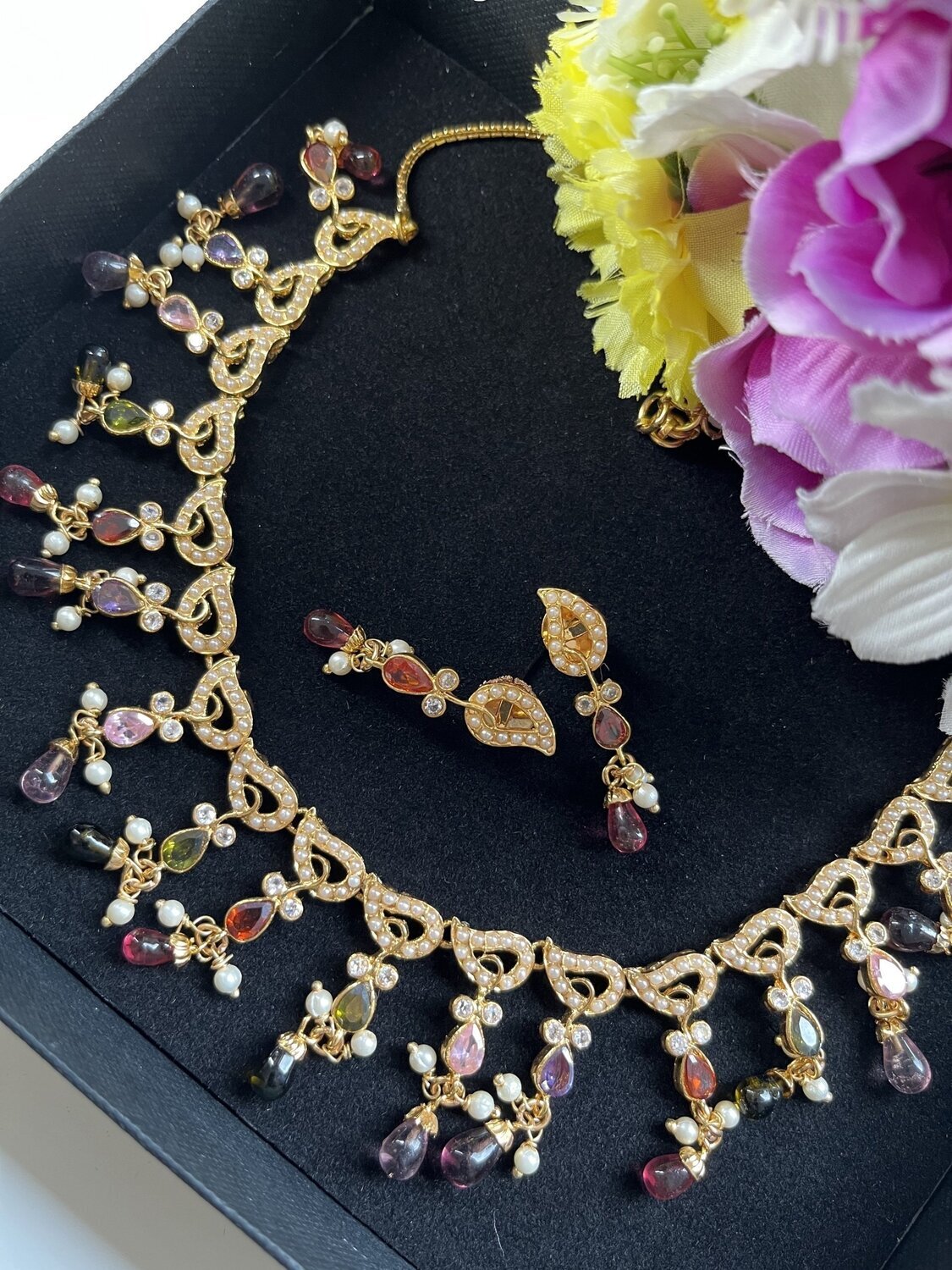 Traditional Multicoloured stone and Pearl Earrings and Necklace Set