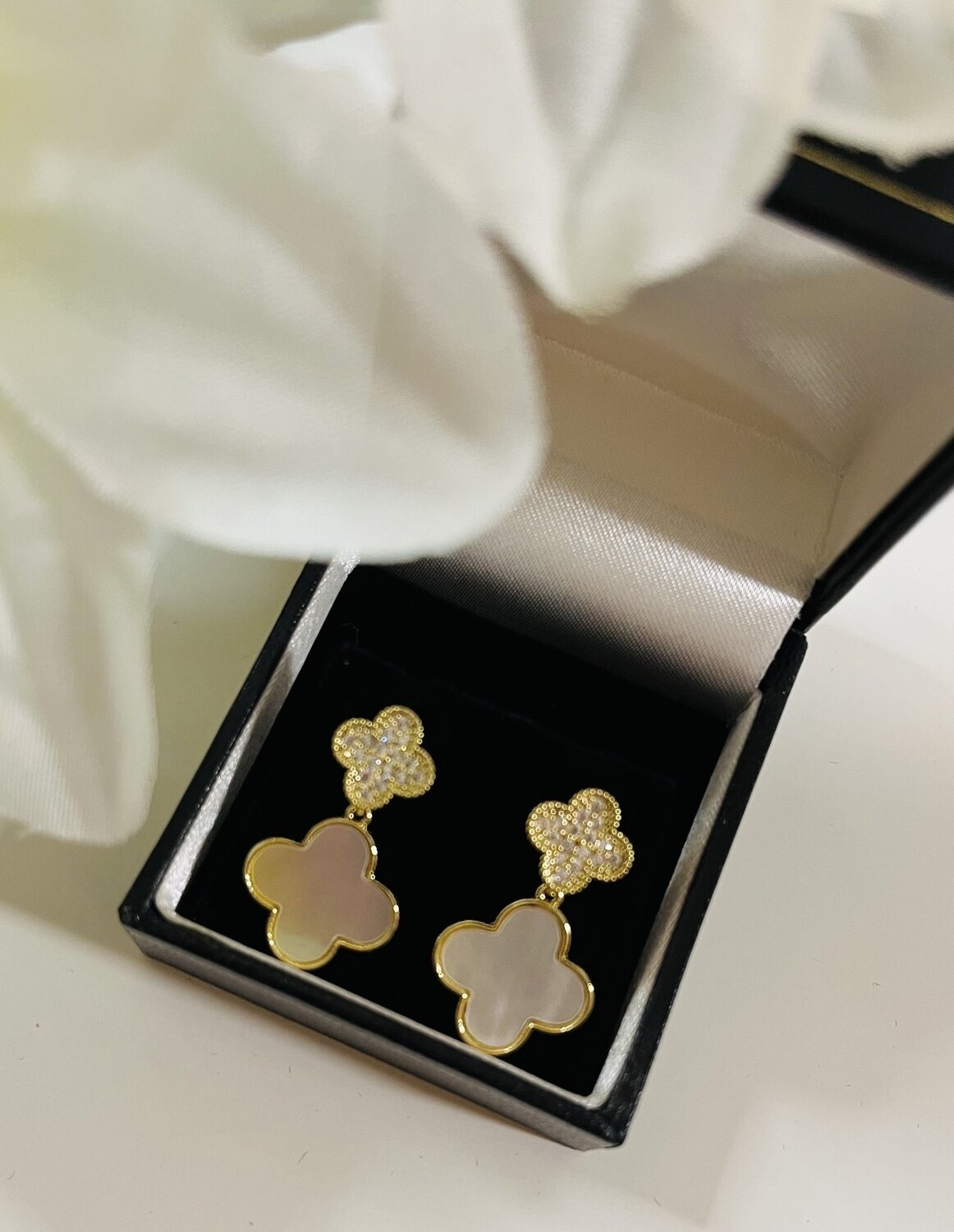 Designer Inspired White Crystal Clover Drop Earrings