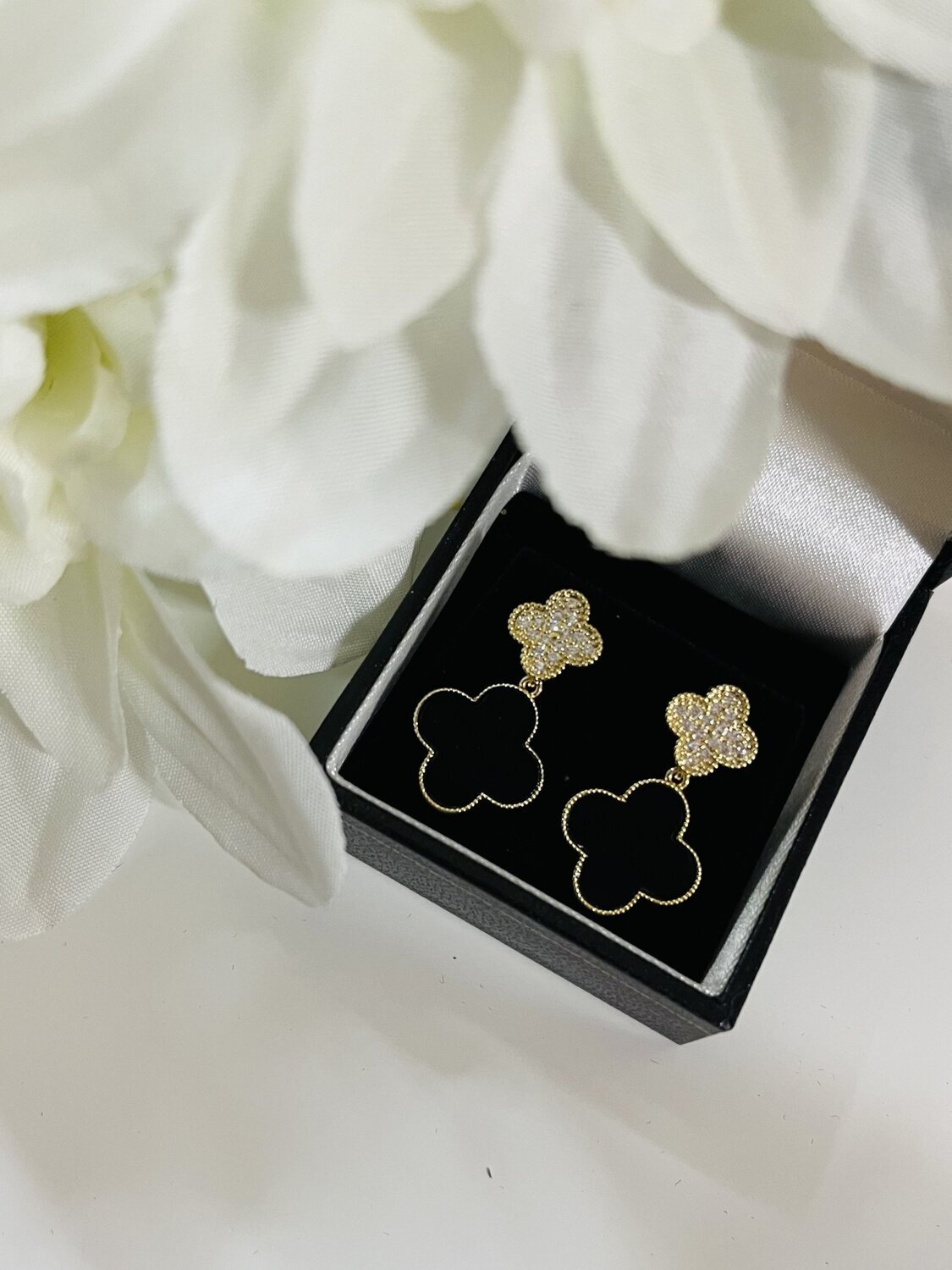 Designer Inspired Black Crystal Clover Drop Earrings