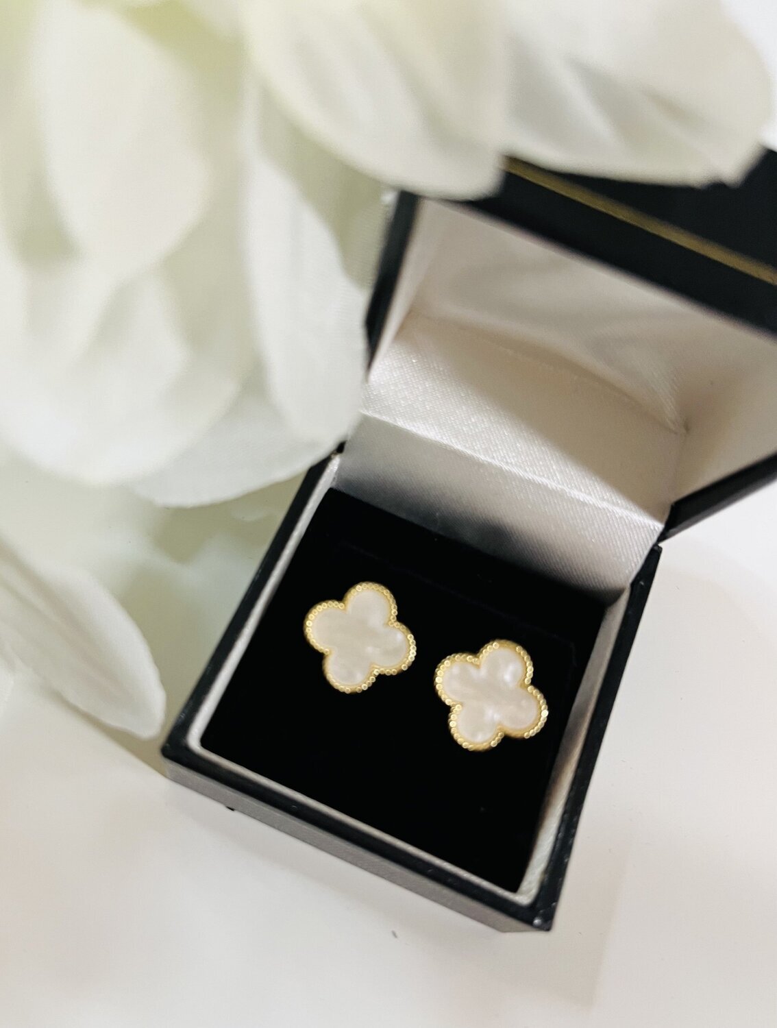 Designer Inspired White Clover Stud Earrings