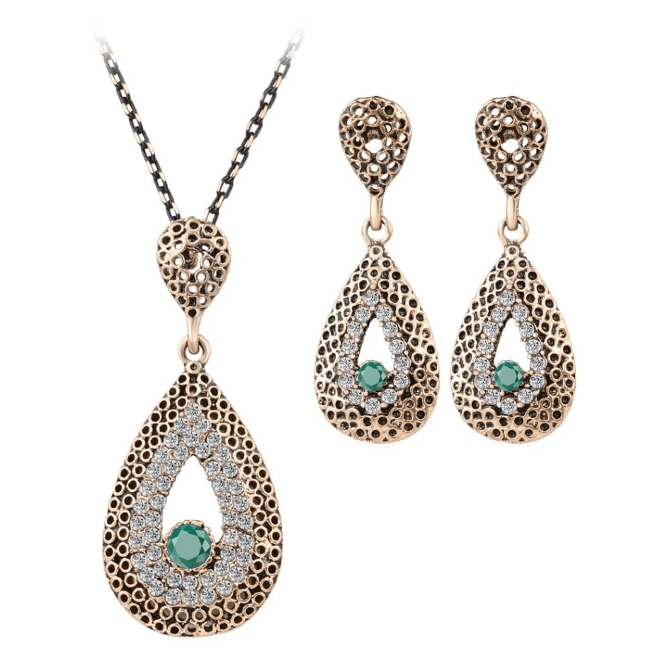 Antique Gold Crystal Teardrop Earring & Pendant Set (Green)