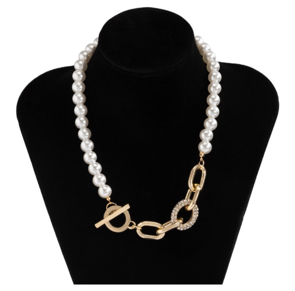 Modern Pearl and Gold Ring Fusion Necklace with Crystals