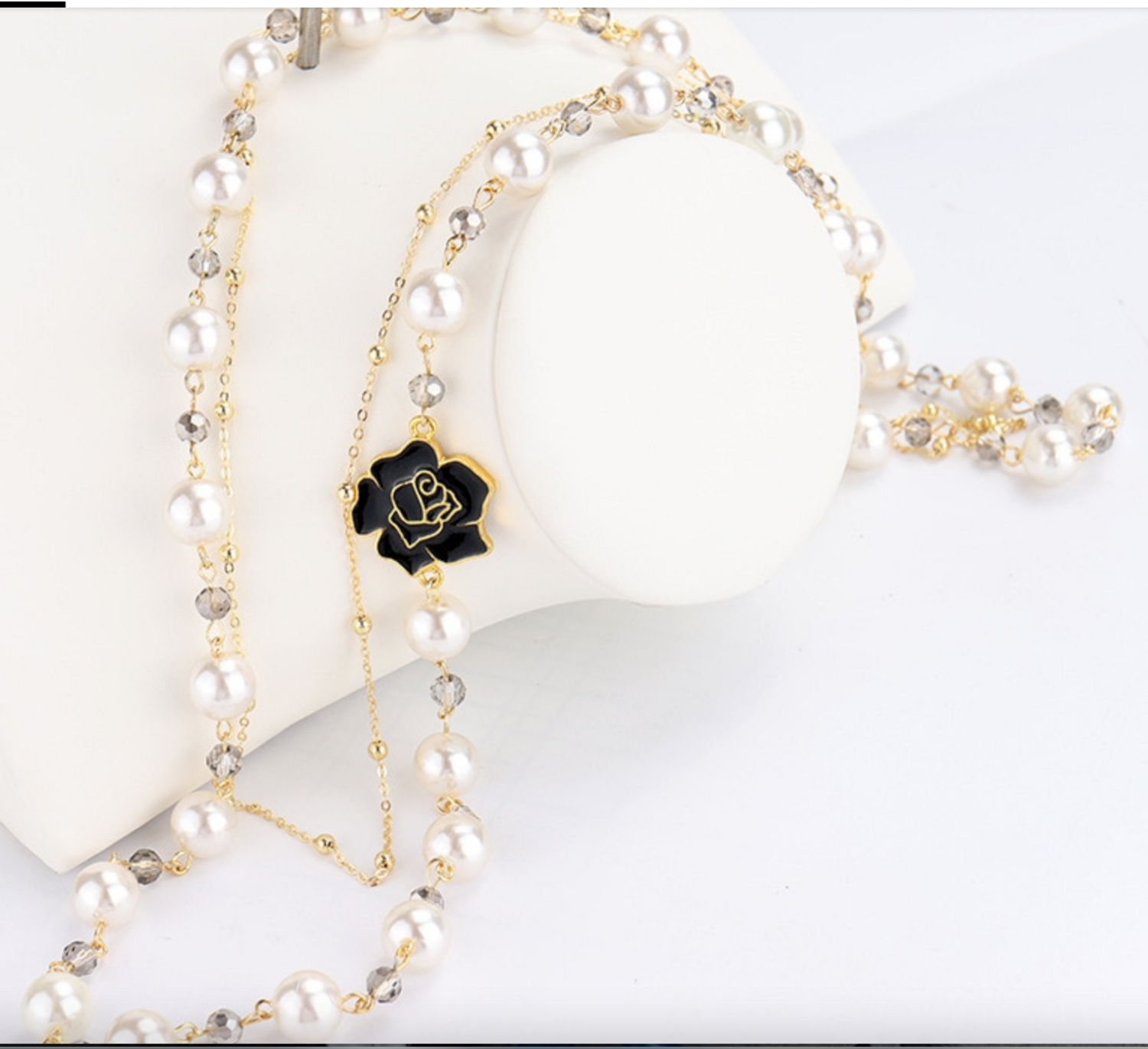 Pearl Layered Necklace with Black Rose Motif