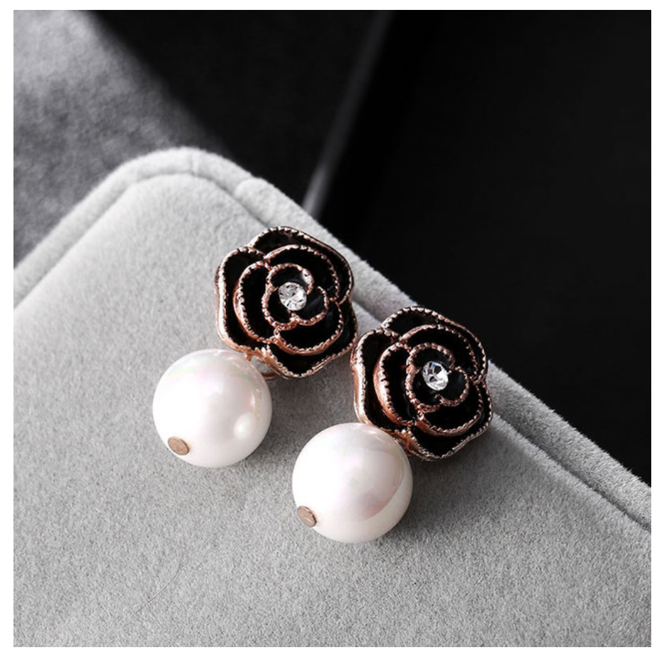 Pearl Drop Black Rose Stud Earrings