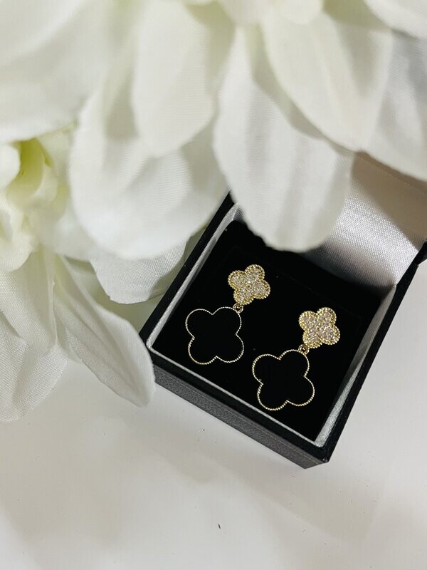 Designer Inspired Black Crystal Clover Drop Earrings