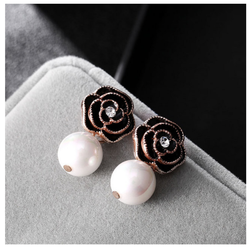 Pearl Drop Black Rose Stud Earrings