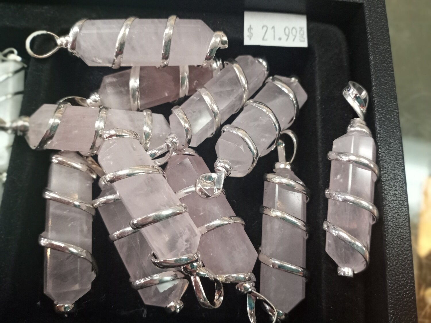 Rose quartz  silver plated wire wrap pendent